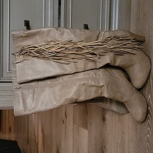 Brown Leather Knee-High Fringe High-heeled Boots